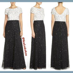 NWT Adrianna Papell Sequin Colorblock Gown in Black/White/Silver [SZ 4 6 ]‎